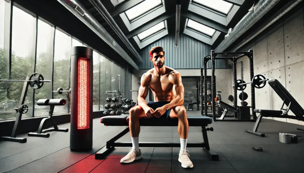 man in a gym using red light therapy for muscle