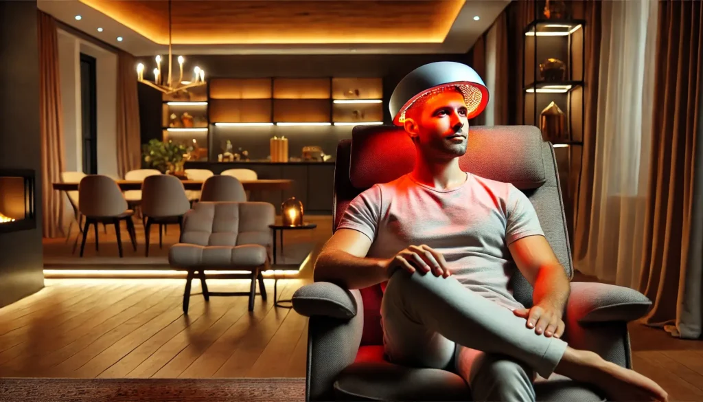 man using red light therapy cap for hair growth