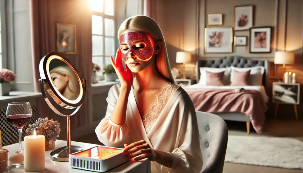 woman at vanity wearing red light therapy mask