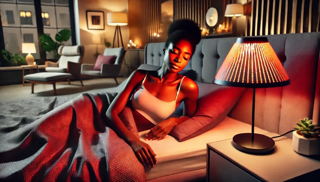 woman laying in bed using red light therapy lam