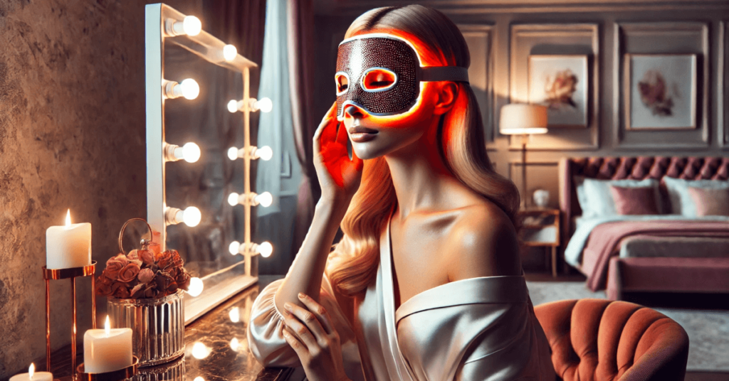 woman wearing red light therapy mask for skincare