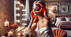 woman wearing red light therapy mask for skincare